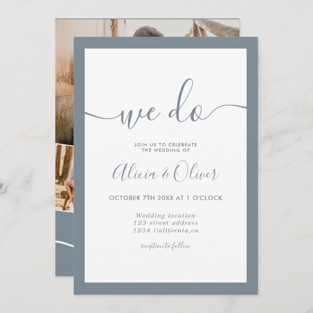 Elegant dusty blue script photo initials wedding invitation (Front/Back)