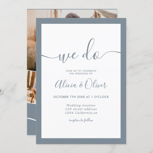 Elegant dusty blue script photo initials wedding invitation