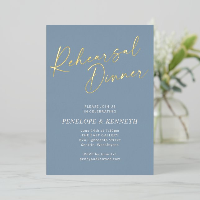 Elegant Dusty Blue Script Rehearsal Dinner Gold Foil Invitation (Standing Front)