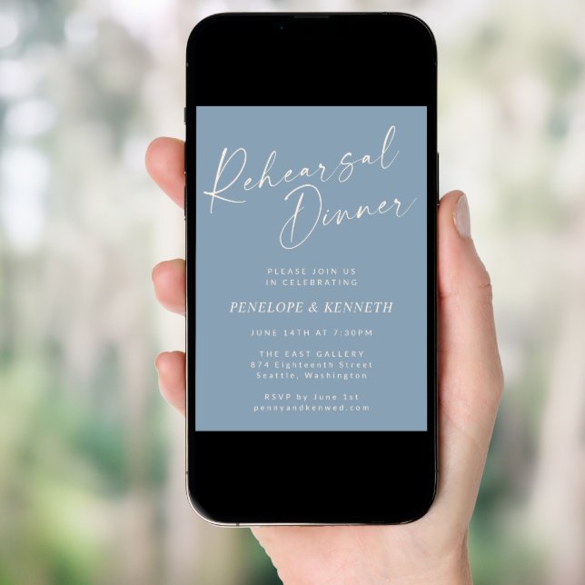 Elegant Dusty Blue Script Rehearsal Dinner Invitation (Front Digital)
