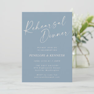 Elegant Dusty Blue Script Rehearsal Dinner Invitation