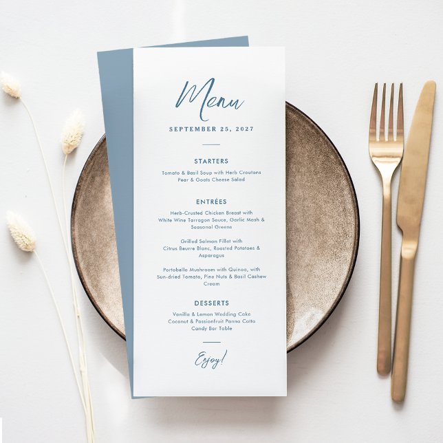 Elegant Dusty Blue Script Simple Wedding Menu (Elegant dusty blue wedding menu with calligraphy script text in a mimial, chic style.)
