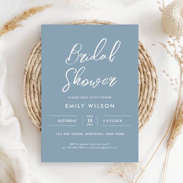Elegant Dusty Blue Script Typography Bridal Shower Invitation (Elegant white calligraphy on a dusty blue background for a simple, minimal style)