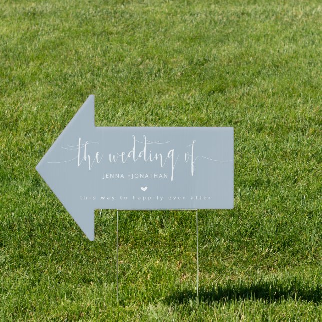 Elegant Dusty Blue Script Wedding Direction Arrow Sign (Insitu)