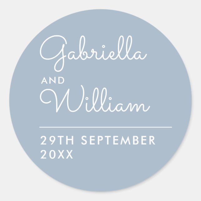 Elegant Dusty Blue Script Wedding Favor Classic Round Sticker (Front)