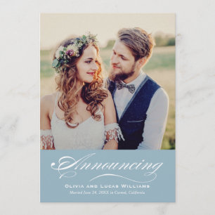 Elegant Dusty Blue Script Wedding Photo Reception Invitation