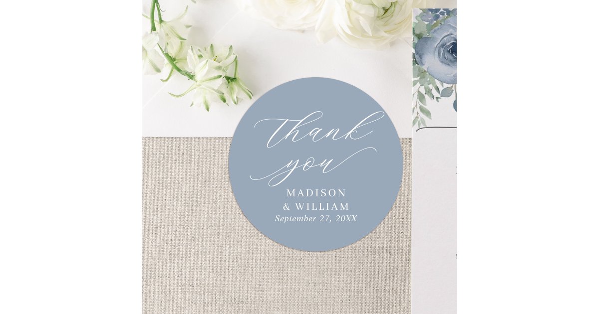 Elegant Dusty Blue Script Wedding Thank You Classic Round Sticker | Zazzle
