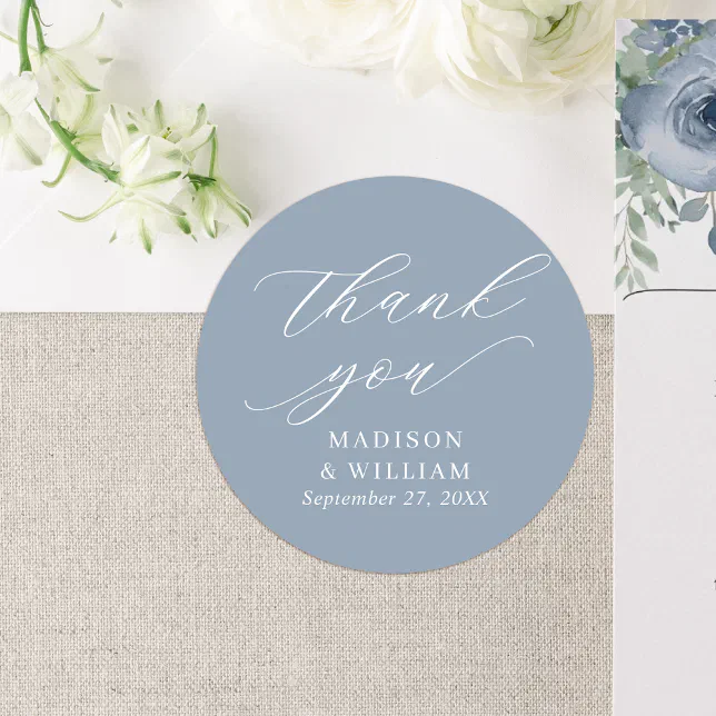 Elegant Dusty Blue Script Wedding Thank You Classic Round Sticker | Zazzle