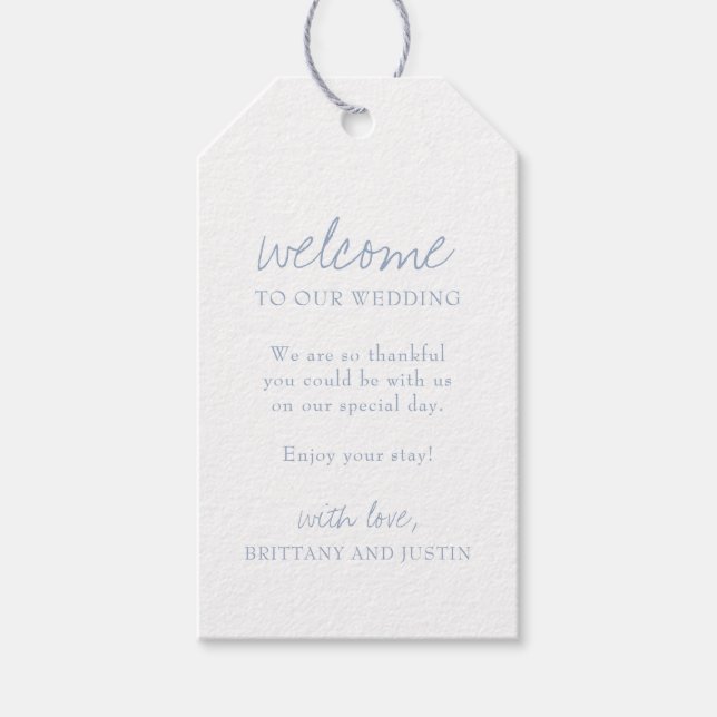 Elegant Dusty Blue Script Wedding Welcome Gift Tag (Front)