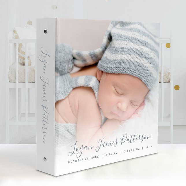 Elegant Dusty Blue Script White Baby Photo Album 3 Ring Binder (Creator Uploaded)