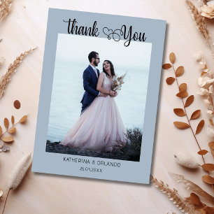 Elegant Dusty Blue Script with Heart Wedding Photo Thank You Card