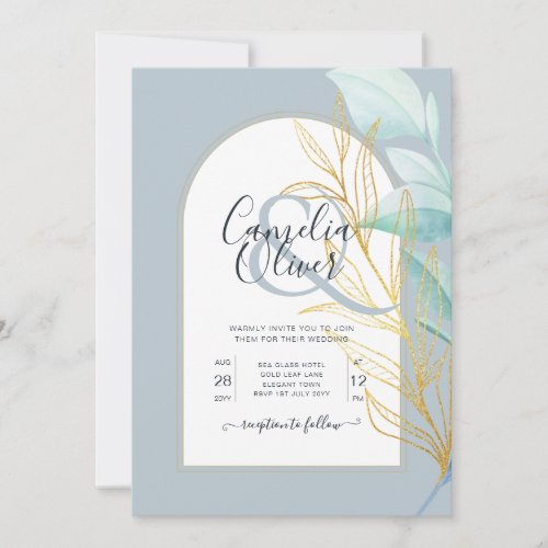 Elegant Dusty Blue SeaGlass Gold Leaf Arch Wedding Invitation