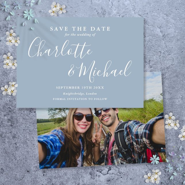 Elegant Dusty Blue Signature Script Photo Save The Date (Elegant Dusty Blue Signature Script Photo Save The Date)