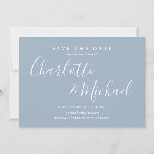 Elegant Dusty Blue Signature Script Photo Save The Date - Featuring signature style names, this elegant dusty blue save the date card can be personalized with your special wedding day information in chic typography and your special photo on the reverse. Designed by Thisisnotme©