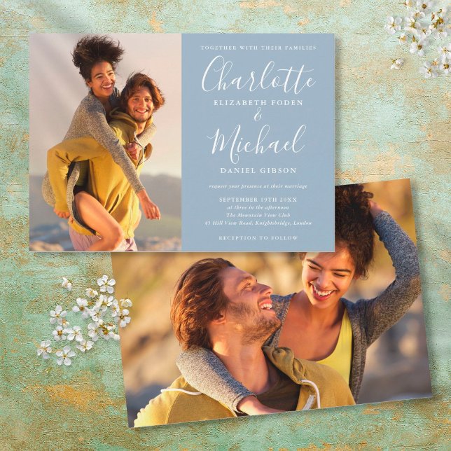 Elegant Dusty Blue Signature Script Photos Wedding Invitation (Creator Uploaded)