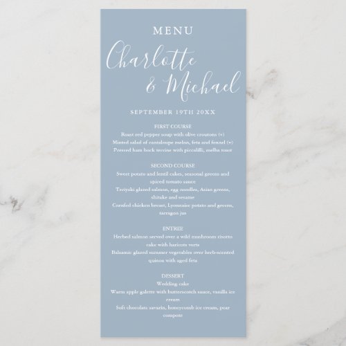 Elegant Dusty Blue Signature Wedding Menu - Elegant dusty blue signature wedding menu card featuring signature style names, this modern menu card can be personalized with your information in chic white lettering. Designed by Thisisnotme©