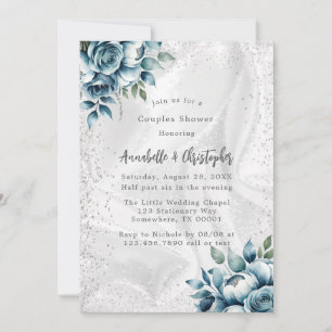Elegant Dusty Blue Silver Bouquet Couples Shower Invitation