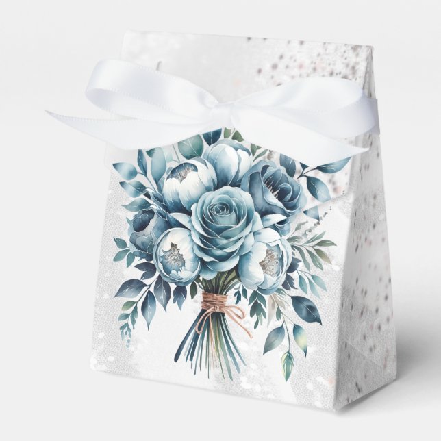 Elegant Dusty Blue Silver Bouquet Wedding Favor Boxes (Front Side)