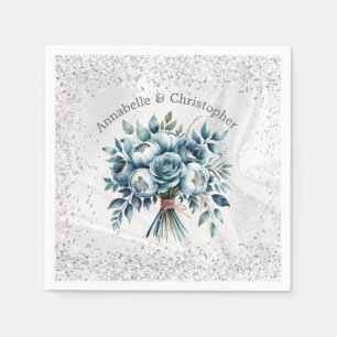 Elegant Dusty Blue Silver Bouquet Wedding Napkins