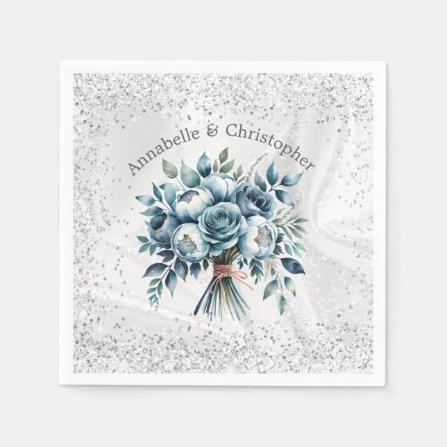 Elegant Dusty Blue Silver Bouquet Wedding Napkins (Front)