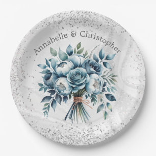 Elegant Dusty Blue Silver Bouquet Wedding Paper Plates