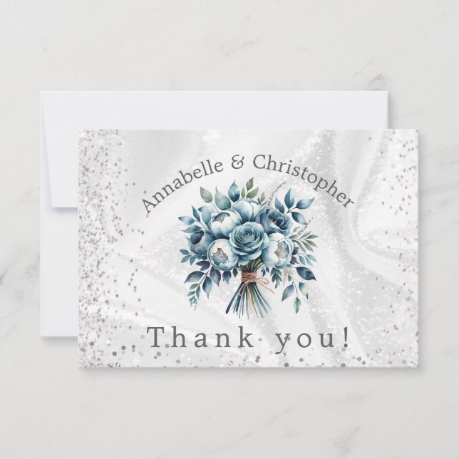 Elegant Dusty Blue Silver Bouquet Wedding Thank You Card (Front)