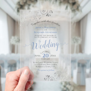 Elegant Dusty Blue & Silver Calligraphy Wedding Acrylic Invitations