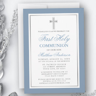 Elegant Dusty Blue Silver First Holy Communion Invitation