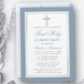 Elegant Dusty Blue Silver First Holy Communion Invitation