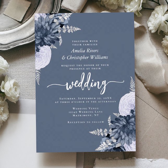 Elegant Dusty Blue Silver Floral Wedding Foil Invitation (Creator Uploaded)
