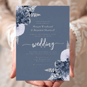Elegant Dusty Blue Silver Floral Wedding Foil Invitation