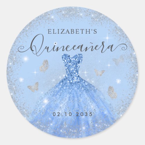 Elegant Dusty Blue Silver Glitter Gown Quinceaera Classic Round Sticker