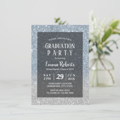 Elegant Dusty Blue & Silver Glitter Graduation Invitation | Zazzle