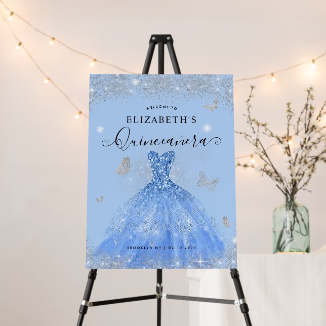 Elegant Dusty Blue Silver Gown Quinceañera Welcome Foam Board (In Situ (Stand))