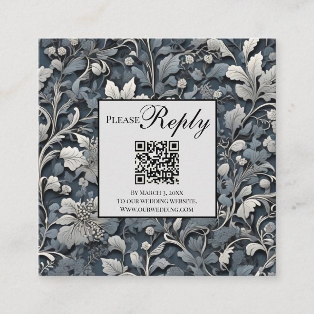 Elegant dusty blue silver  gray floral QR code Enclosure Card (Front)