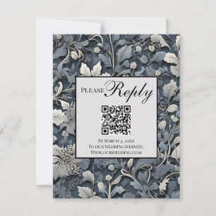Elegant dusty blue silver  gray floral QR code RSVP Card