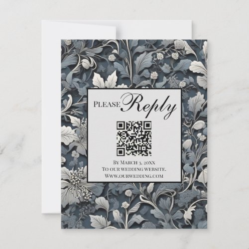 Elegant dusty blue silver  gray floral QR code RSVP Card