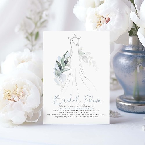 Elegant Dusty Blue Silver Greenery Bridal Shower Invitation