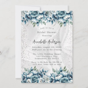 Elegant Dusty Blue Silver Rose Bridal Shower Invitation