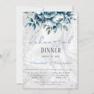 Elegant Dusty Blue Silver Rose Rehearsal Dinner Invitation
