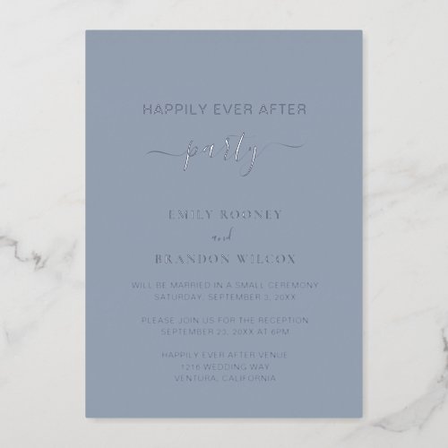 Elegant Dusty Blue Silver Simple Wedding Reception Foil Invitation