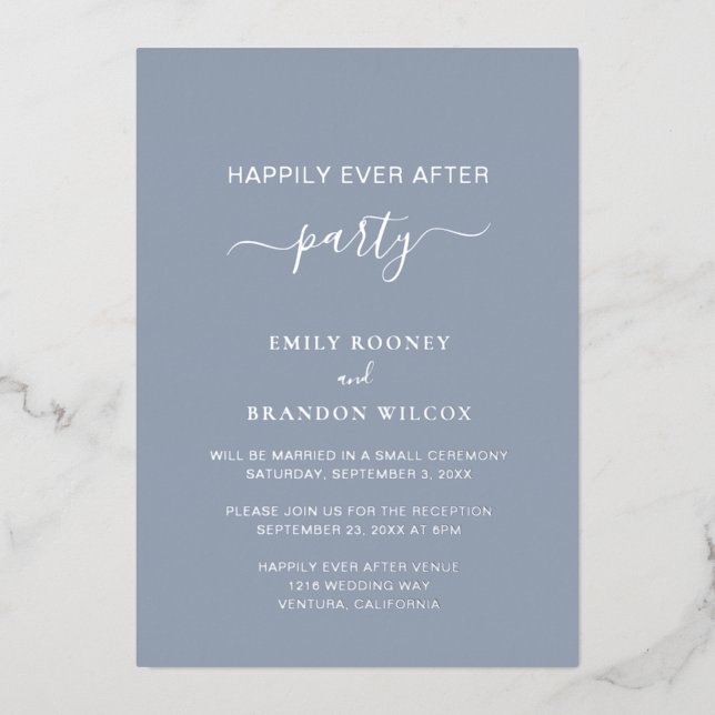 Elegant Dusty Blue Silver Simple Wedding Reception Foil Invitation (Front)
