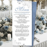 Elegant Dusty Blue Silver Swirls on White Wedding Menu<br><div class="desc">This beautiful menu will add some style to your wedding reception. It features a beautiful design with ornate silver gray faux foil curls and swirls on a classic white background, with dusty blue text and a marbled dusty blue back. There is space for the names of the couple and wedding...</div>
