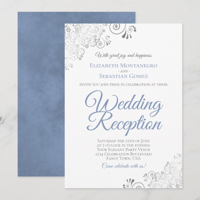 Elegant Dusty Blue & Silver Wedding Reception Invitation (Front/Back)