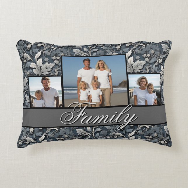 Elegant dusty blue silver white gray floral accent pillow (Front)