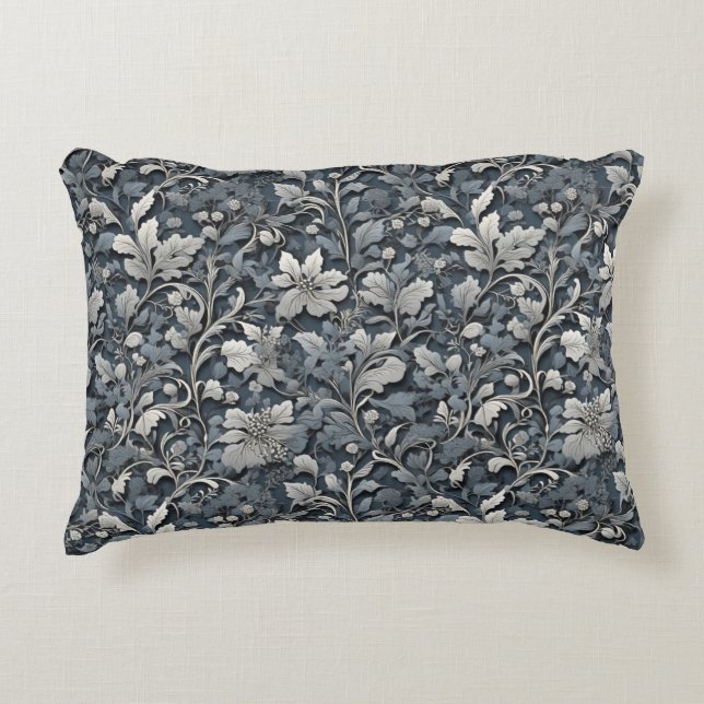 Elegant dusty blue silver white gray floral accent pillow (Front)