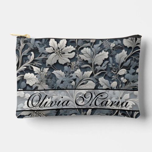 Elegant dusty blue silver white gray floral accessory pouch