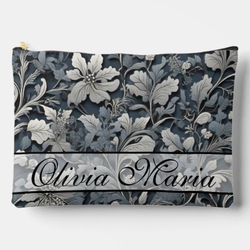 Elegant dusty blue silver white gray floral accessory pouch