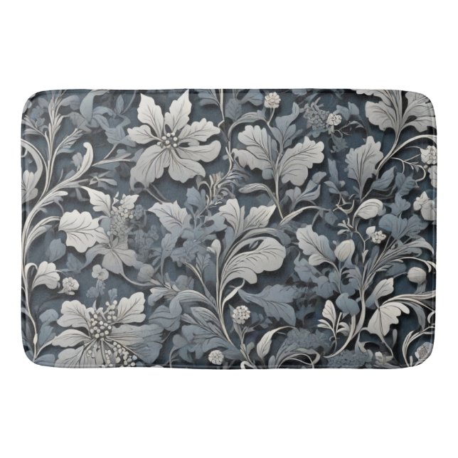 Elegant dusty blue silver white gray floral bath mat (Front)