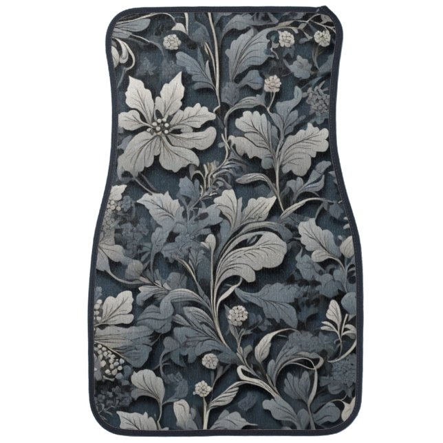 Elegant dusty blue silver white gray floral car floor mat (Front)